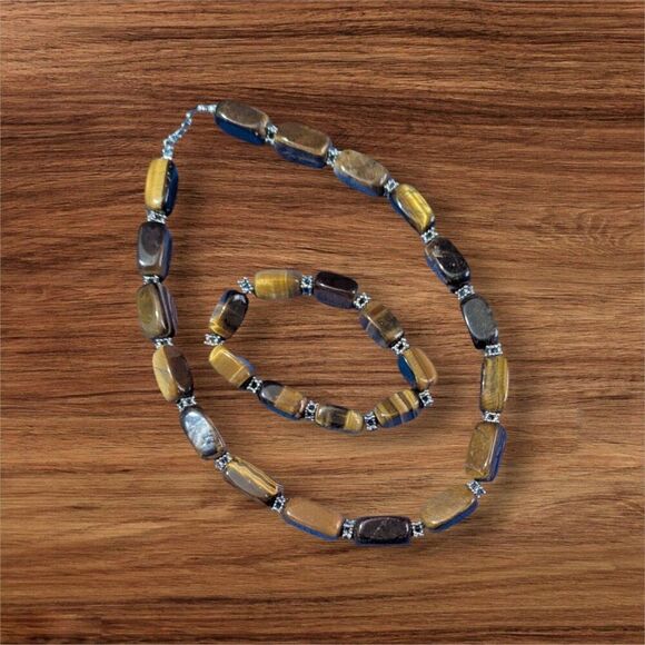 Tigers Eye Gemstone Necklace &  stretchy Bracelet Set With Silver-Tone Spacers - Picture 2 of 6